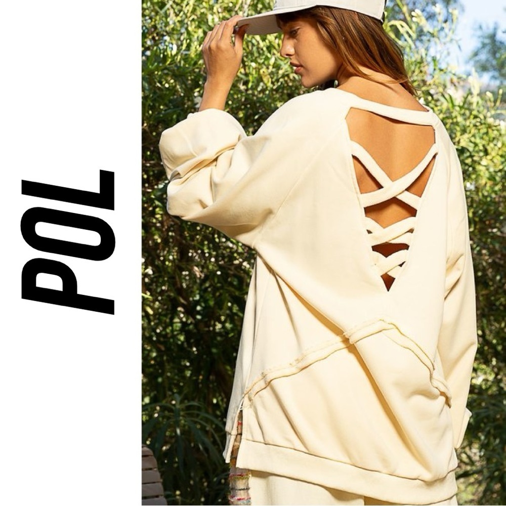 POL Cross Strap Back French Terry Sweater Top